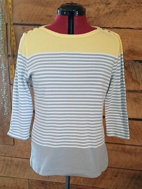 Croft & Barrow Striped Boatneck Top with Yellow Yoke Sz M